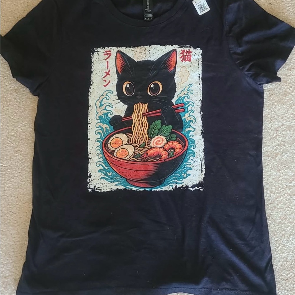 Gildan Black Cat Ramen Graphic Tee in Black with Red & Blue Art